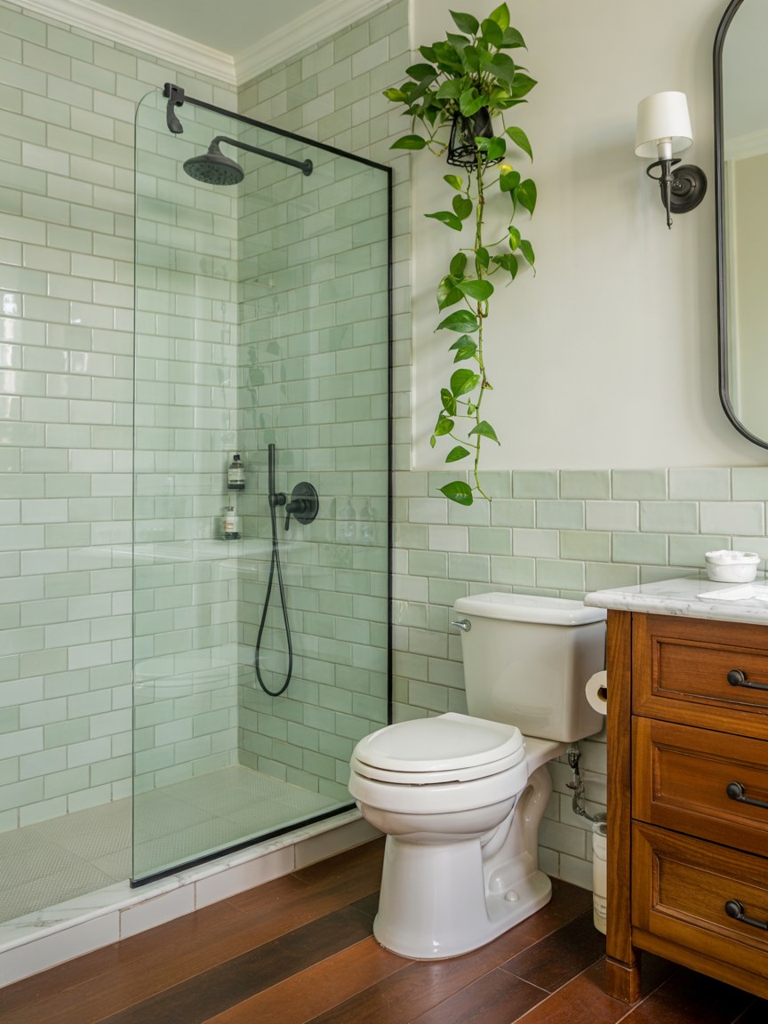 Modern Mint Green Bathroom Remodel Ideas with Black Fixtures