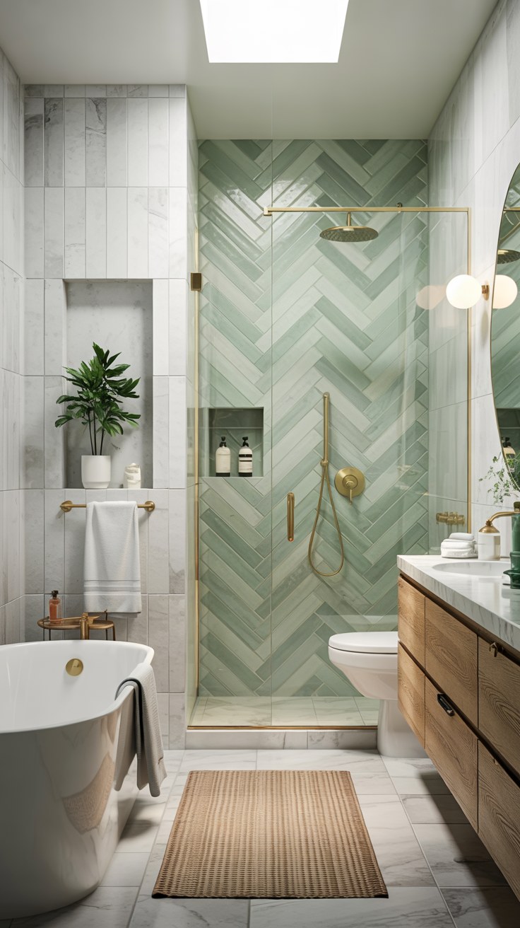 Luxury Bathroom Design with Green Herringbone Tile & Gold Accents