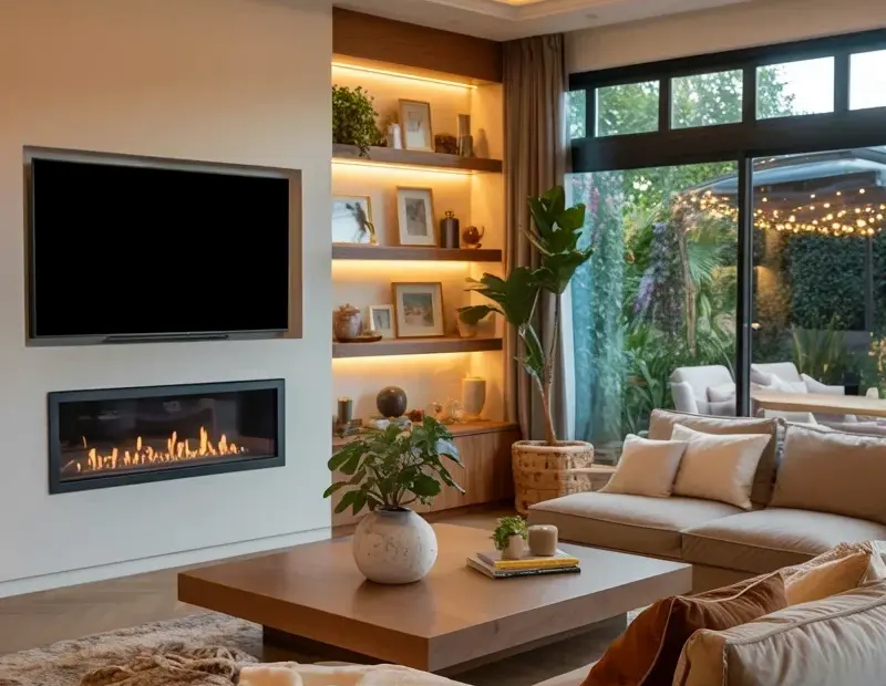 Cozy Winter Layered Rug Styling for a Modern Living Room with Fireplace