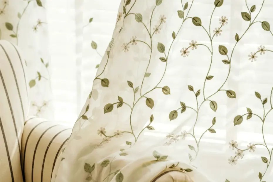 Floral Embroidered Sheer Curtain Transformation: Green Ivory Branches Bedroom