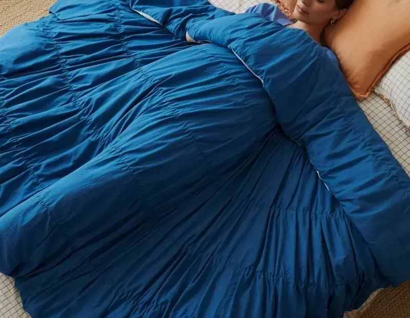 Ruffled Duvet Bedroom Transformation: Blue Drama with Checkered Sheets