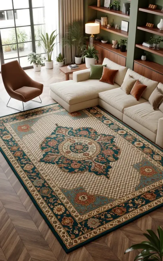 How an Ornate Persian Rug Anchors a Cozy Living Room with Earthy Tones