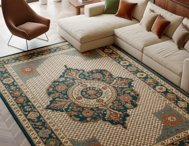 How an Ornate Persian Rug Anchors a Cozy Living Room with Earthy Tones