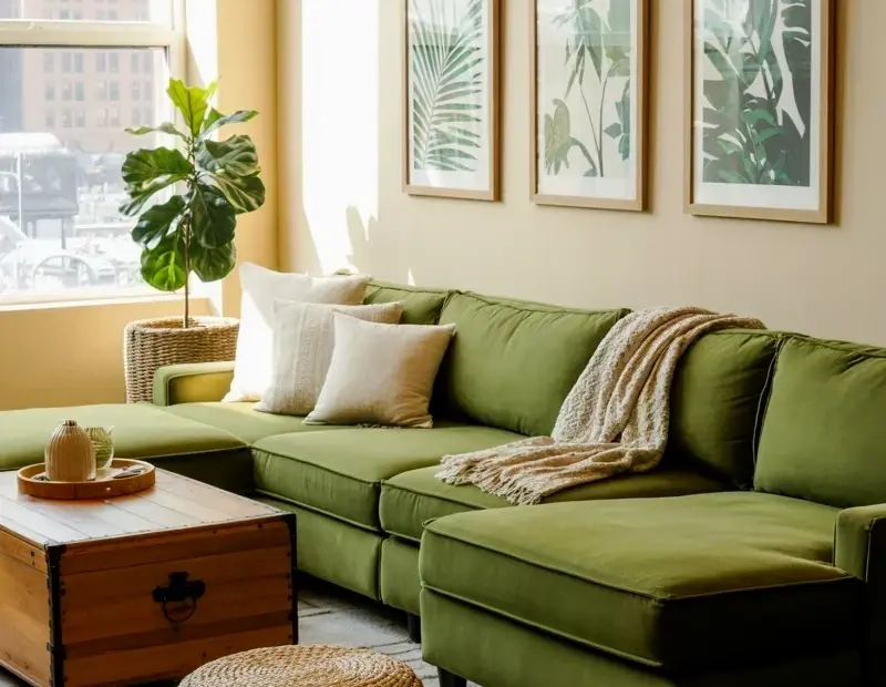 Olive Green Sofa Living Room: Cozy Setup with Plants and City Views