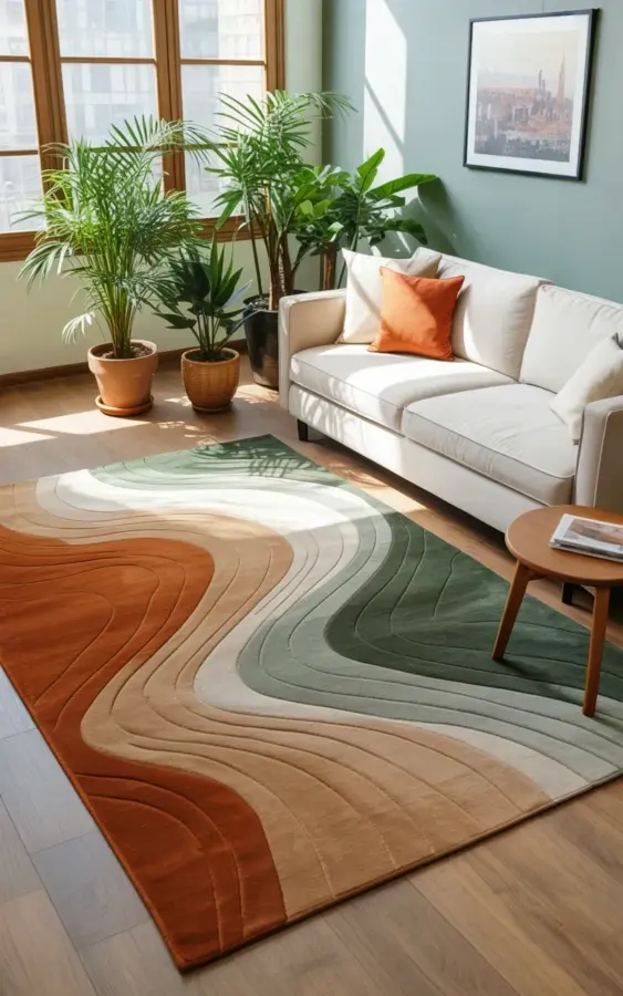 Abstract Earth Tone Rug Living Room | How to Style with Palm Plants & Neutral Sofa 🌿
