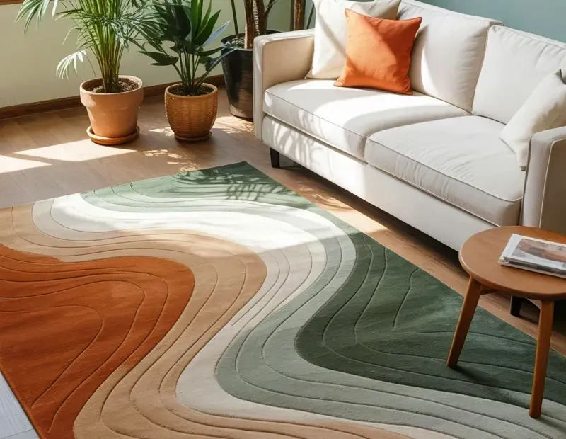 Abstract Earth Tone Rug Living Room | How to Style with Palm Plants & Neutral Sofa 🌿