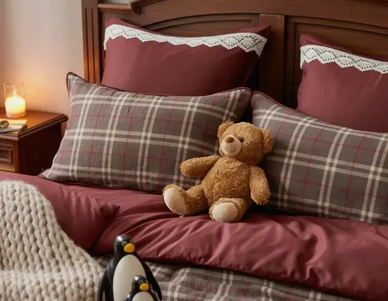 Cozy bedroom makeover before and after: plaid bedding, carved headboard & teddy bears
