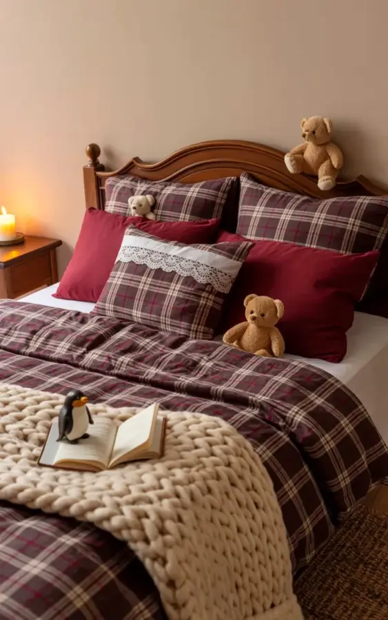 Carved Wood Headboard Bedroom Ideas with Plaid Bedding