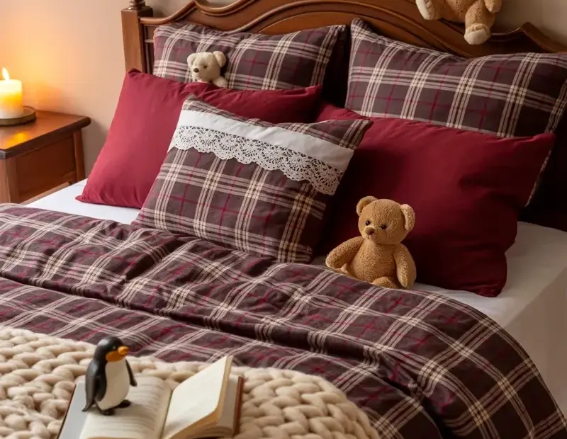 Carved Wood Headboard Bedroom Ideas with Plaid Bedding