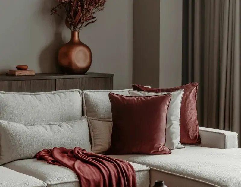 Modern Living Room Rug Ideas: Beige Sectional + Burgundy Velvet Accents